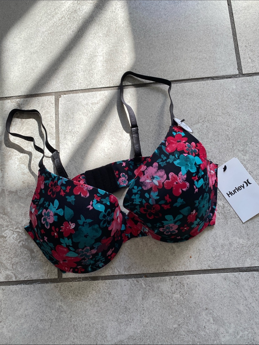 Hurley Black Floral Underwire Bra with Teal and Pink Accents
